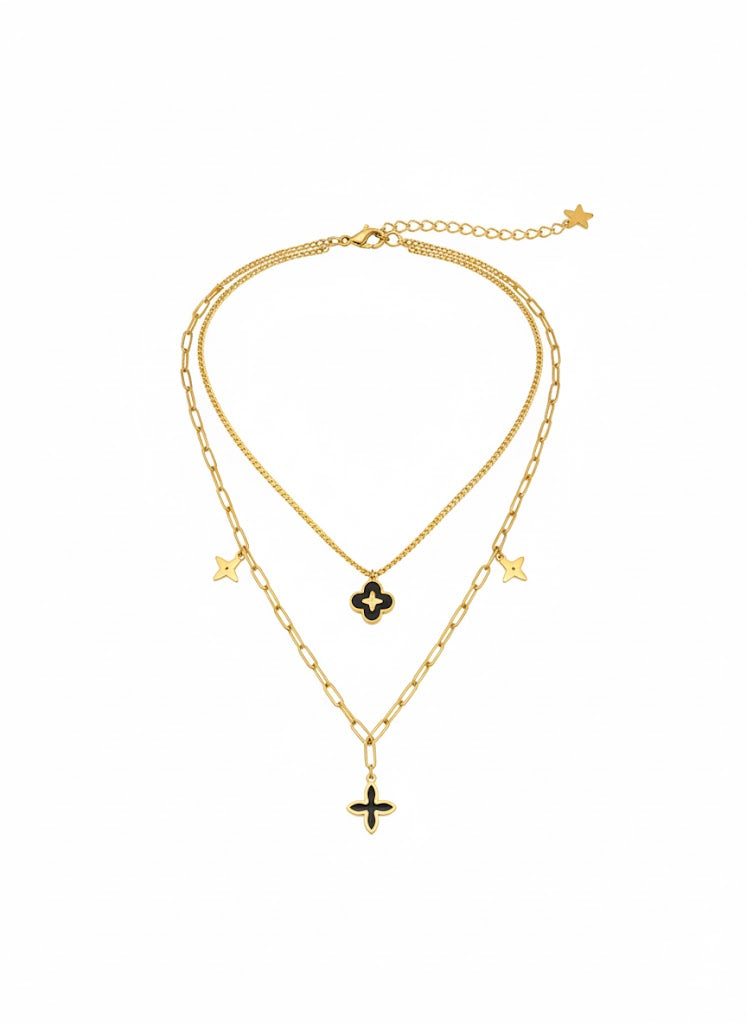 Stainless Steel Layered Clover & Star Pendant Necklace – Gold