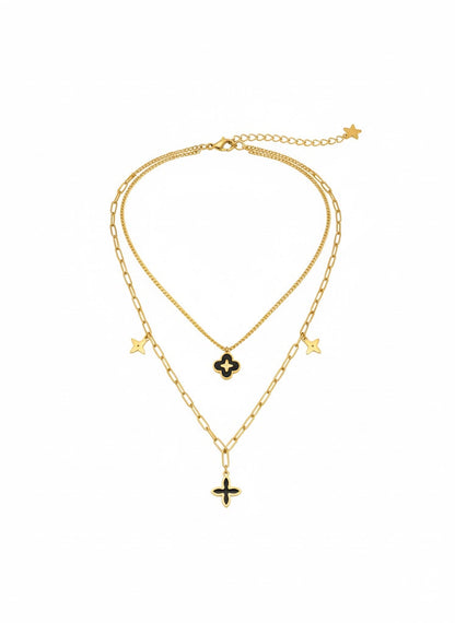 Stainless Steel Layered Clover & Star Pendant Necklace – Gold