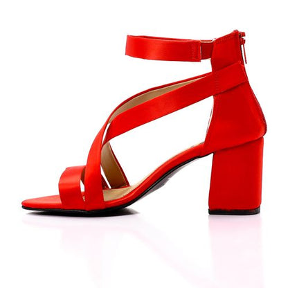Satin Block Heel Sandals - Red