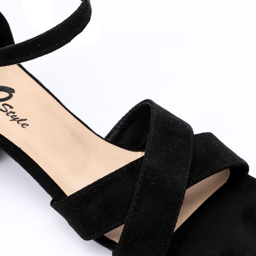 Black Suede Square-Toe Ankle Strap Block Heel Sandal
