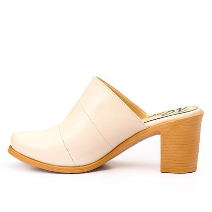 Faux Leather Block Heel Mules - Beige