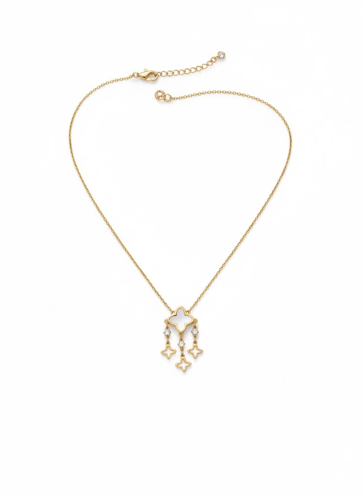 Stainless Steel Clover & Floral Pendant Necklace – Gold