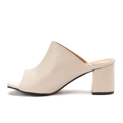 Peep-Toe Block Heel Mules - Light Beige