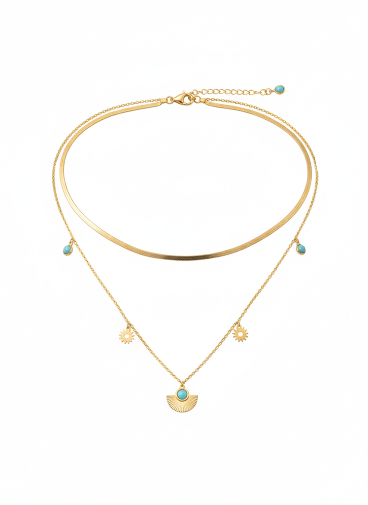 Stainless Steel Double Layer Turquoise Pendant Necklace – Gold