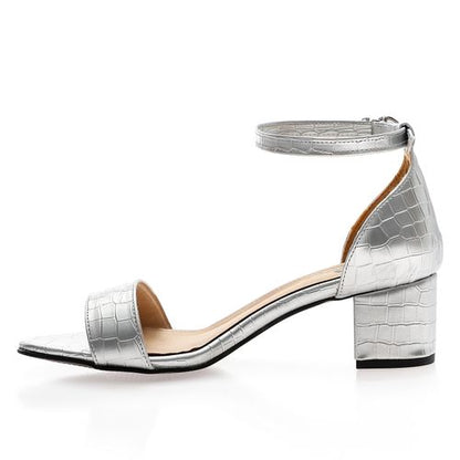 Faux Leather Ankle Strap Block Heel Sandals – Silver
