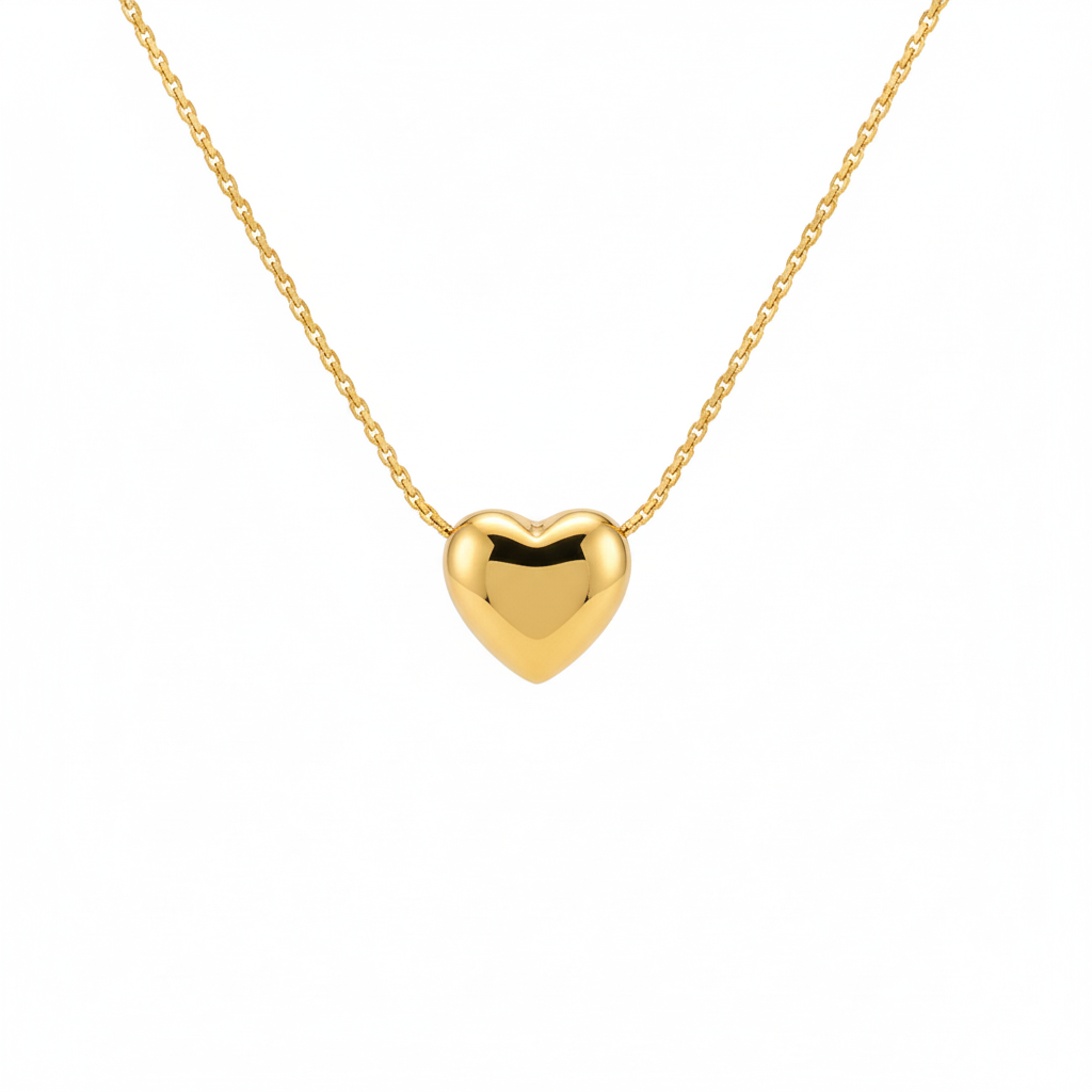 Stainless Steel Puffed Heart Pendant Necklace – Gold