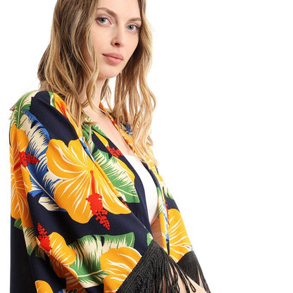 Floral Decorated Fringes Open Neckline Cardigan