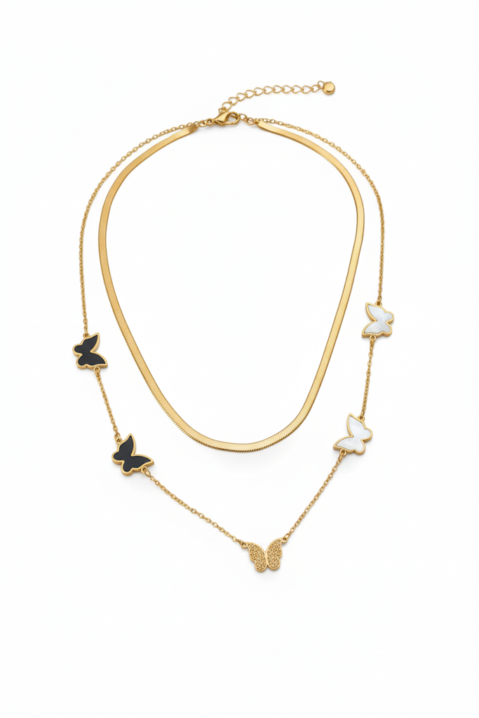 Stainless Steel Double-Layer Butterfly Charm Necklace – Gold