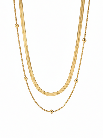 Stainless Steel Layered Necklace with Ball Detail – Gold