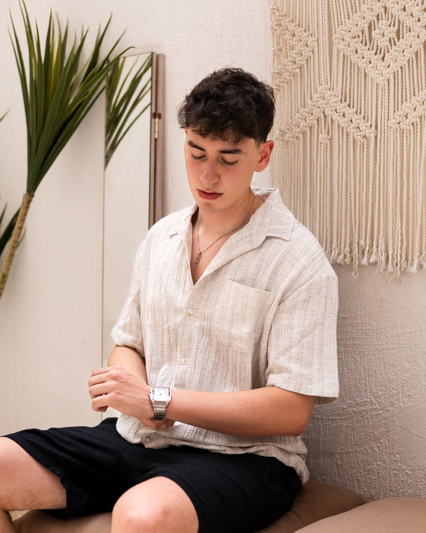 Linen Textured Short Sleeve Shirt - Beige