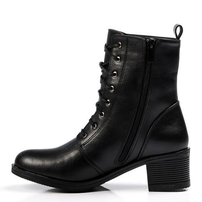 Faux Leather Lace-Up Block Heel Boots – Black