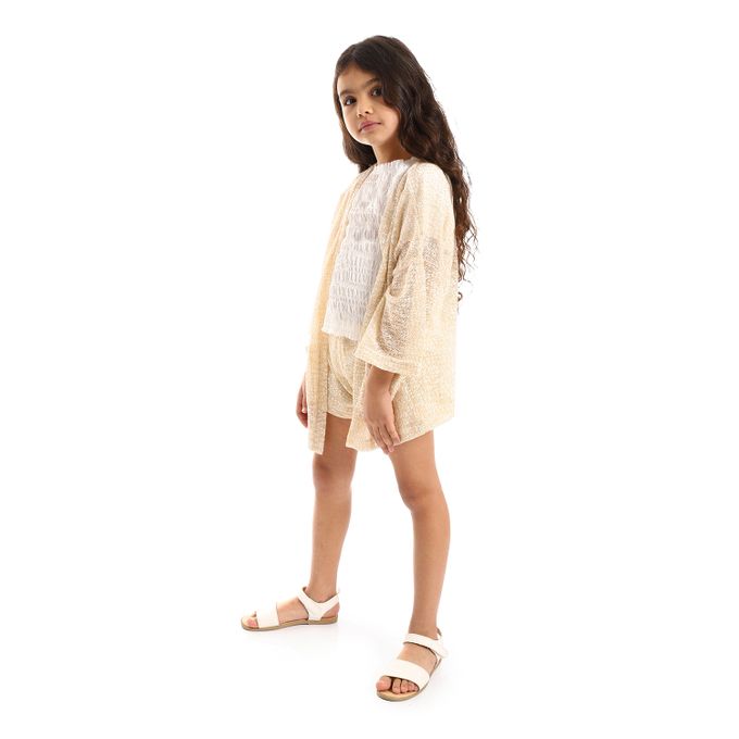 3/4 Sleeves Knitted Pattern Open Neckline Girls Cardigan Set