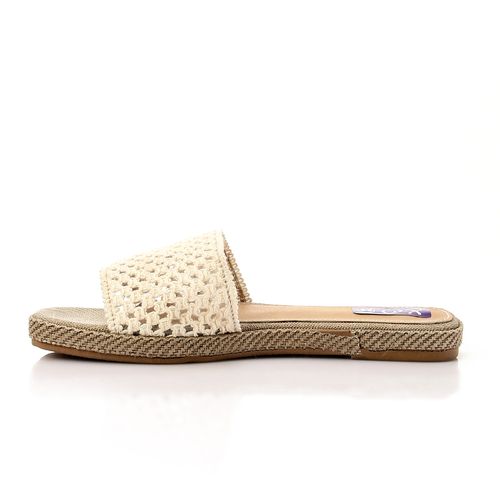 Faux Leather Woven Slide Sandals - White