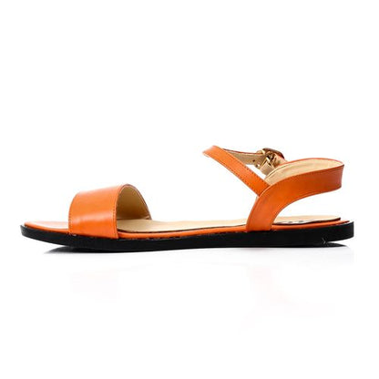 Faux Leather Flat Ankle Strap Sandals - Orange