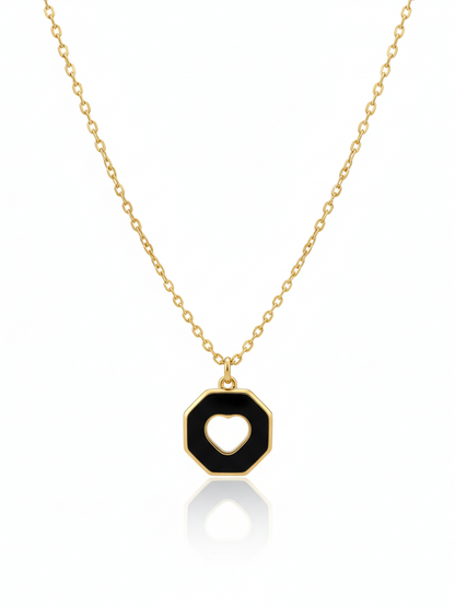 Stainless Steel Octagonal Heart Cut-Out Pendant Necklace – Gold