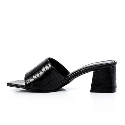 Faux Leather Croc-Embossed Block Heel Slippers - Black