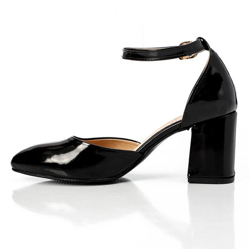 Patent Leather Heeled Shoes with Ankle Strap - Black