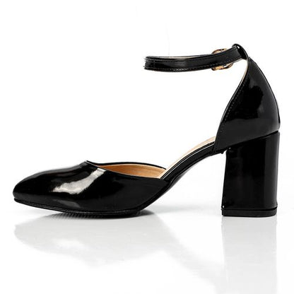 Patent Leather Heeled Shoes with Ankle Strap - Black