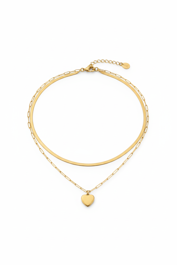 Stainless Steel Two-Layer Heart Pendant Necklace – Gold