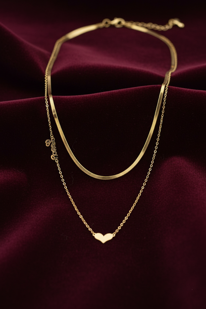 Stainless Steel Layered Heart Pendant Necklace with Snake Chain – Gold