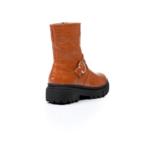 Faux Leather Chunky Buckle Boots – Tan