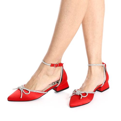 Satin Low Block Heel Shoes - Red