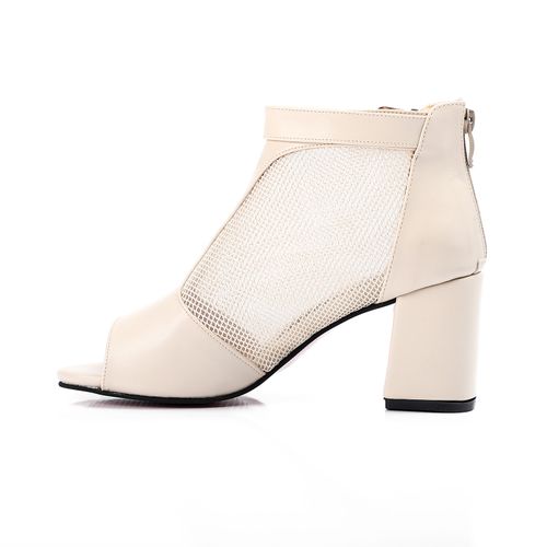 Faux Leather Mesh Block Heel Sandals - Light Beige