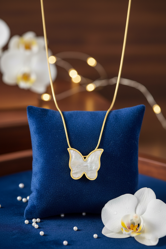 Stainless Steel Shell Butterfly Pendant Necklace – Gold
