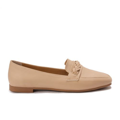 Faux Leather Loafers with Braided Strap - Beige