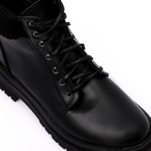 Faux Leather Ankle Combat Boots – Black