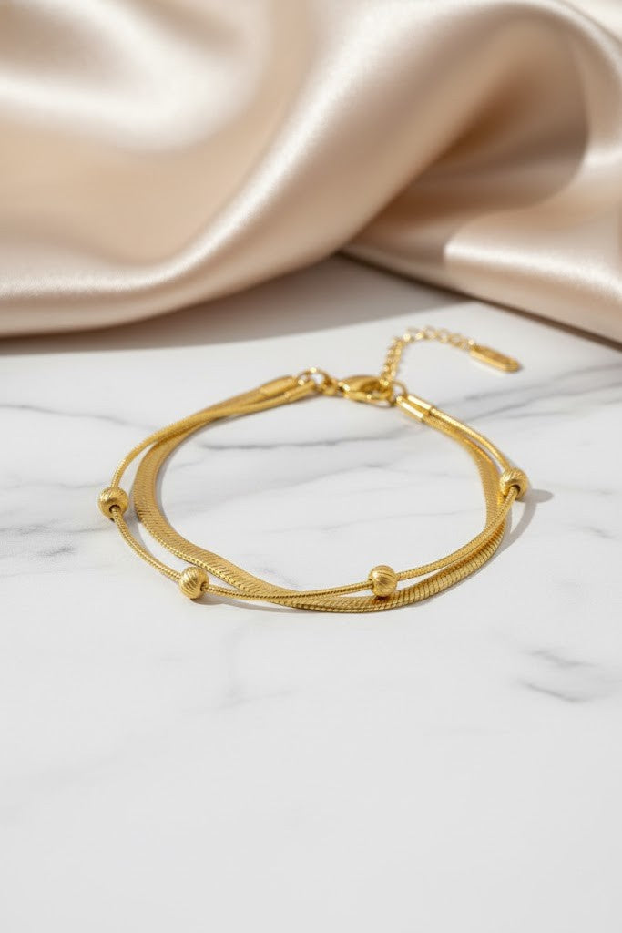 Stainless Steel Double Layer Flat Chain Beaded Bracelet – Gold