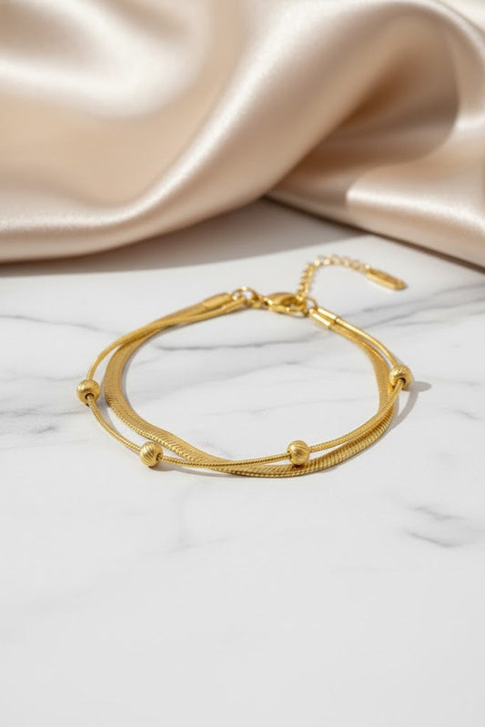 Stainless Steel Double Layer Flat Chain Beaded Bracelet – Gold
