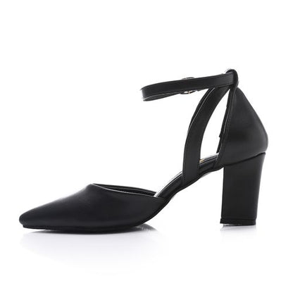 Faux Leather Pointed-Toe Block Heels - Black