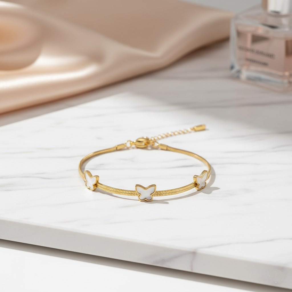Stainless Steel White Butterfly Charm Bracelet – Gold