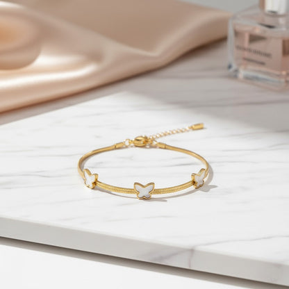 Stainless Steel White Butterfly Charm Bracelet – Gold