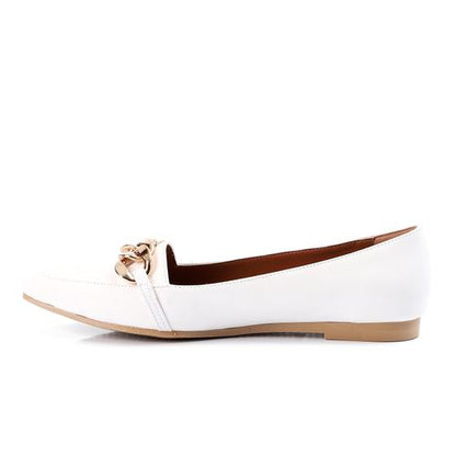 Faux Leather Chain Accent Pointed Flats – White