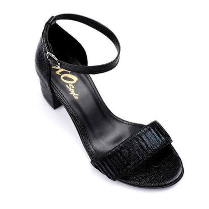 Faux Leather Textured Block Heel Sandals - Black