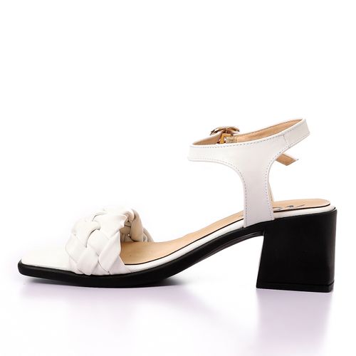 Faux Leather Braided Block Heel Sandal - White