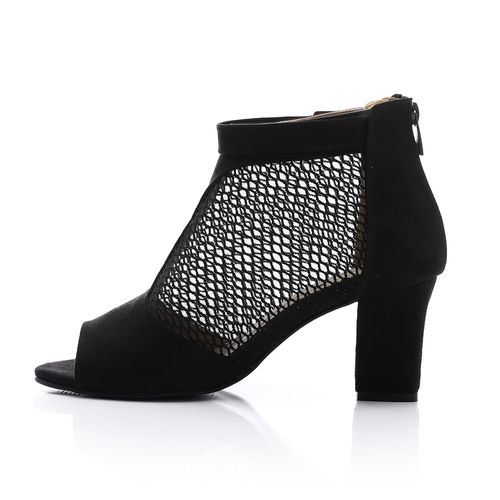 Suede and Mesh Peep-Toe Bootie Sandals - Black