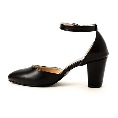Faux Leather Ankle-Strap Block Heels - Black