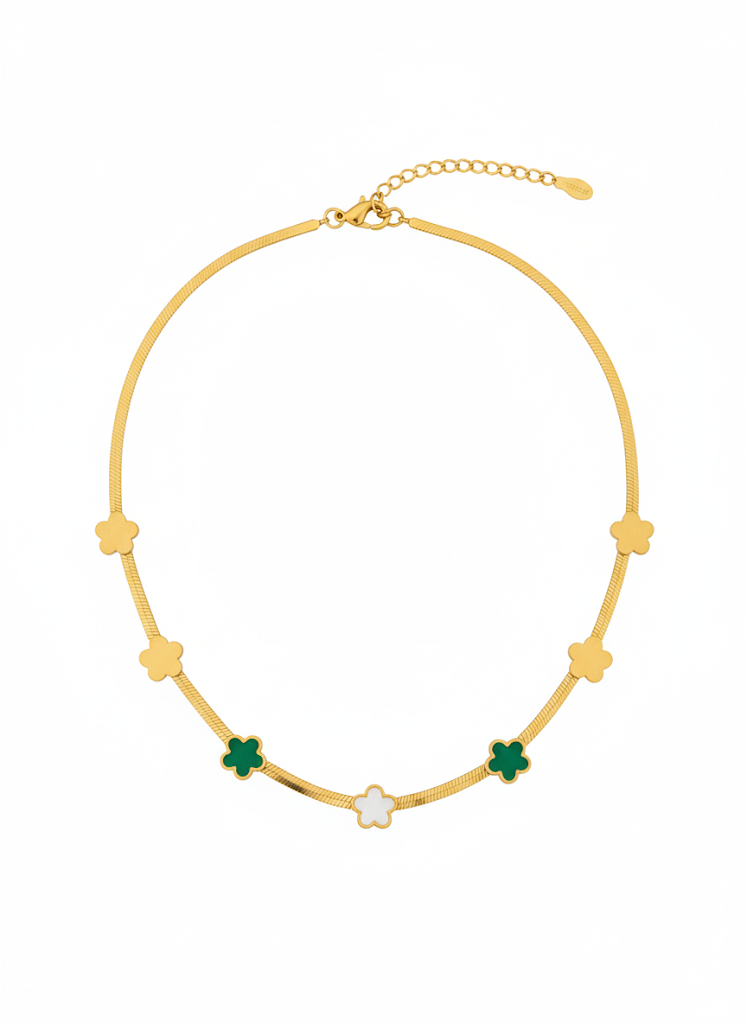 Stainless Steel Flat Snake Chain Clover Necklace – Gold