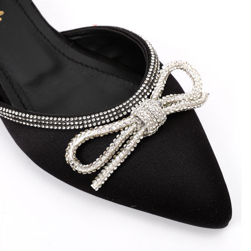 Satin Pointed Bow Low-Heel Pump - Black