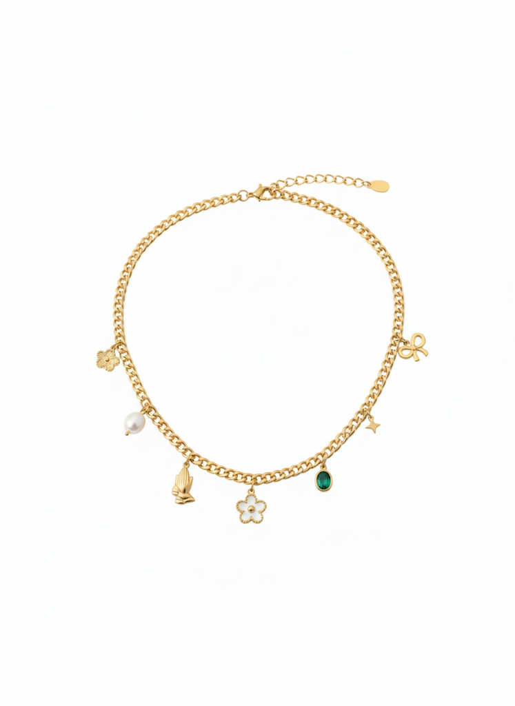 Stainless Steel Multi-Charm Necklace – Gold