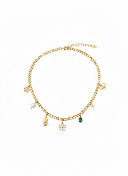 Stainless Steel Multi-Charm Necklace – Gold