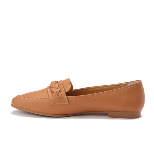 Faux Leather Loafers with Braided Strap - Tan