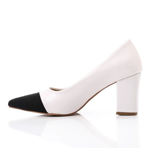 Faux Leather Pointed-Toe Block Heels - White