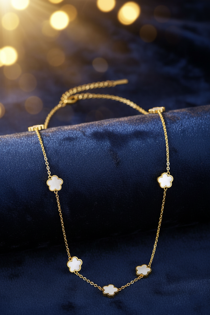 Stainless Steel Multi White Flower Charm Necklace – Gold