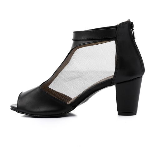 Faux Leather T-Strap Block Heel Sandals - Black