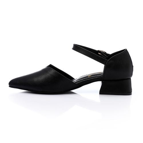 Faux Leather Pointed-Toe Low Block Heel - Black