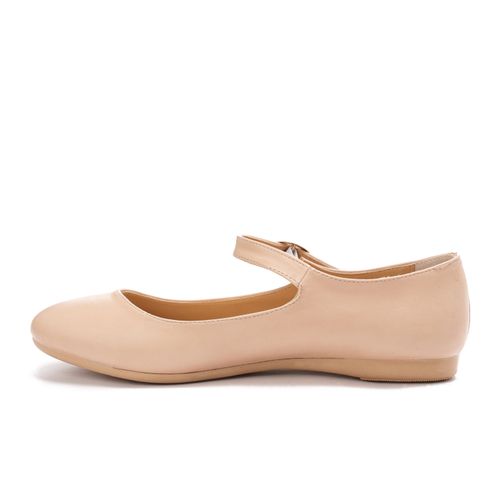 Faux Leather Mary Janes Flats - Beige